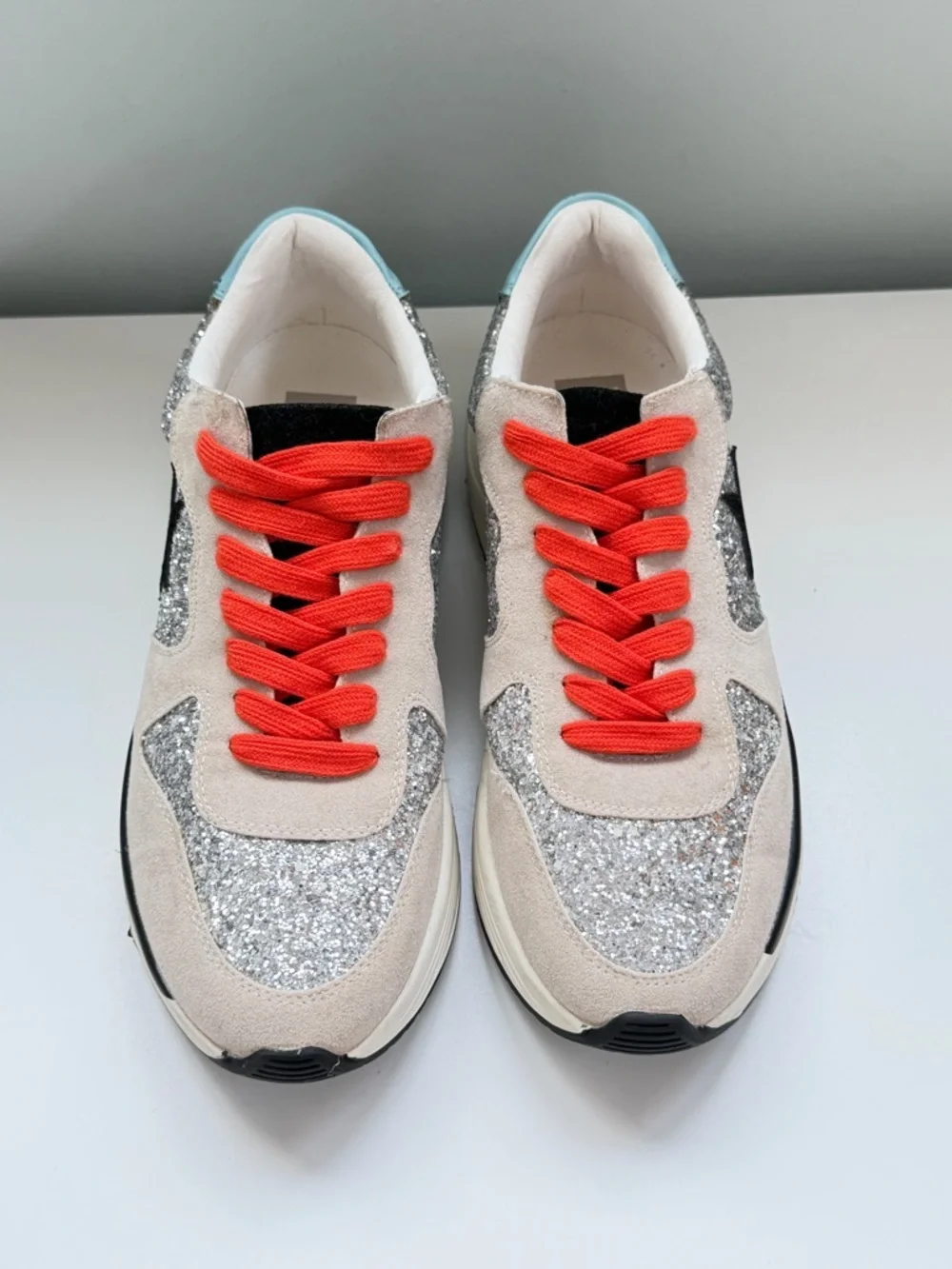 White Raven Glitter Star Sneakers 7 Chunky Platform Y2K Golden Goose Inspired